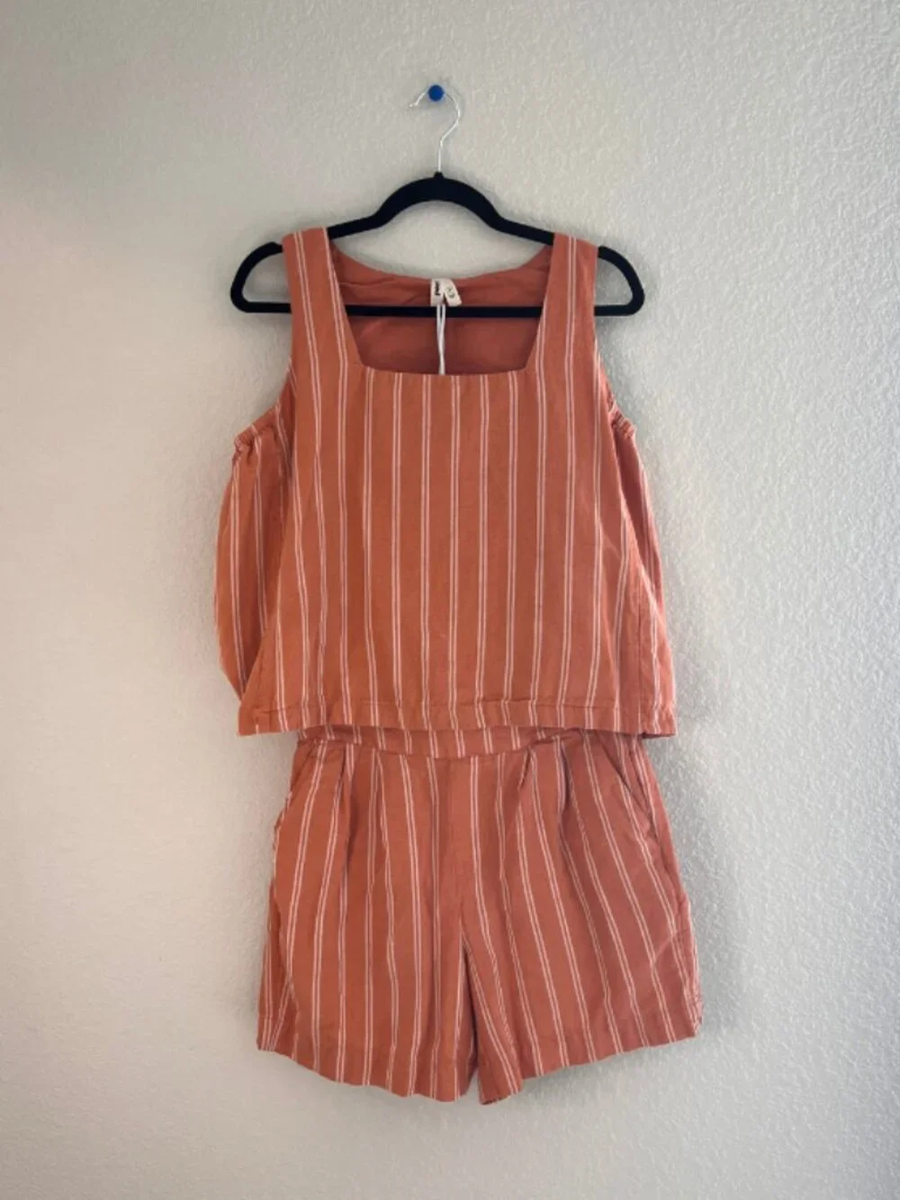 Pact Women’s Terracotta Striped Linen Cotton Tank & Shorts Set Size Medium